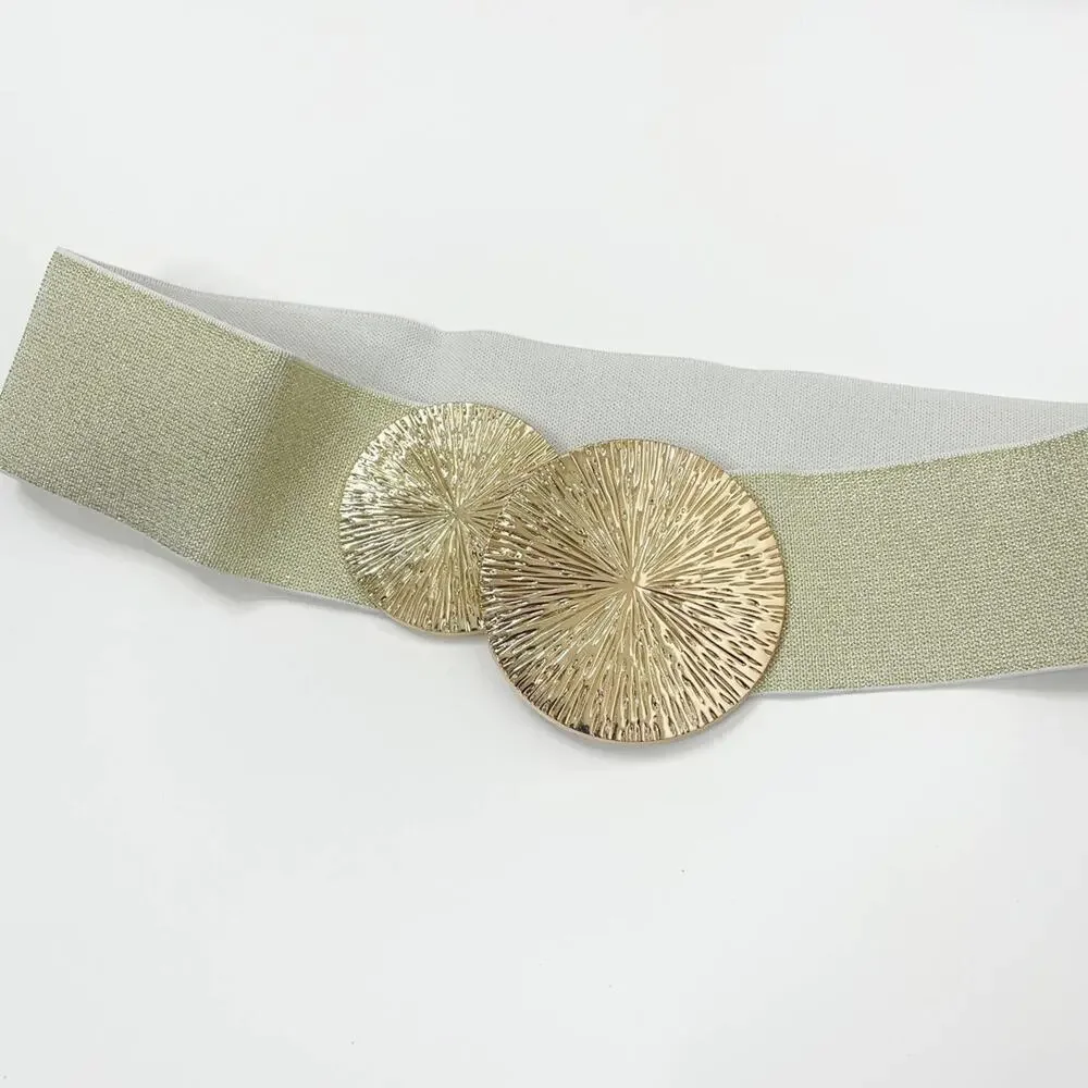 2/$30 NEW Elastic Wide Corset Safe Waist Belt Metallic Snap Buckle Beige Cinch…